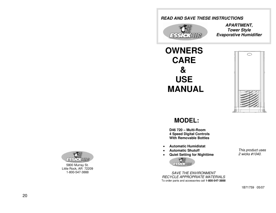 Essick Air d46720 manual Owners Care USE Manual 