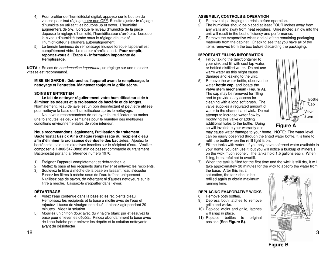 Essick Air d46720 manual Soins ET Entretien, Détartrage, ASSEMBLY, Controls & Operation, Important Filling Information 