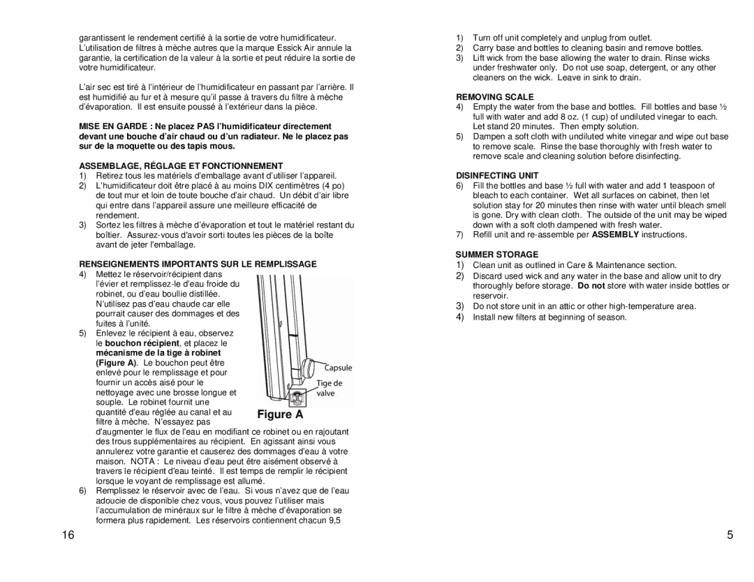 Essick Air d46720 ASSEMBLAGE, Réglage ET Fonctionnement, Renseignements Importants SUR LE Remplissage, Removing Scale 