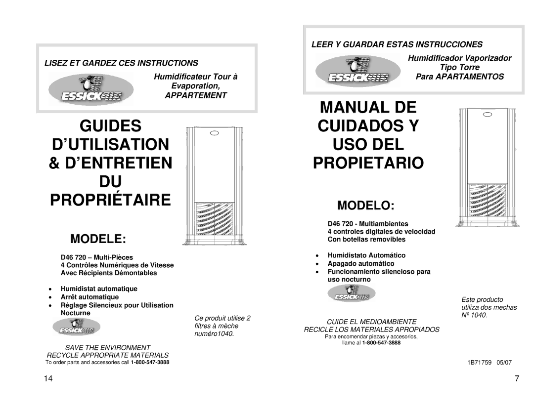 Essick Air d46720 manual Guides ’UTILISATION & D’ENTRETIEN DU Propriétaire 