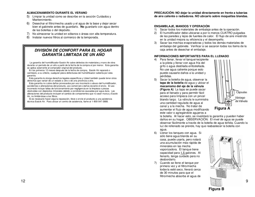 Essick Air d46720 manual Almacenamiento Durante EL Verano, ENSAMBLAJE, Mandos Y Operación 