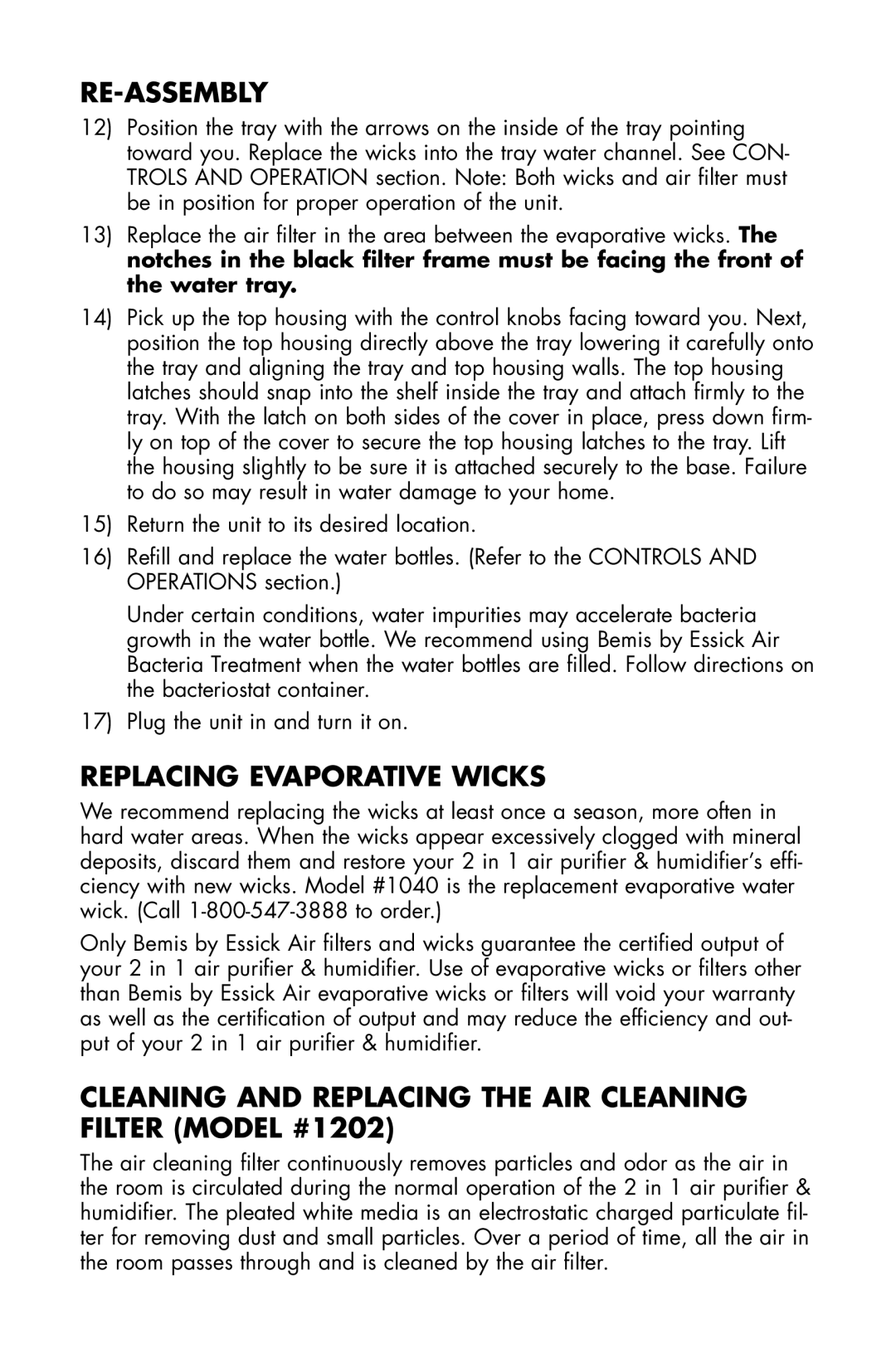 Essick Air DP3 600 Re-Assembly, Replacing Evaporative Wicks, Cleaning and Replacing the AIR Cleaning Filter Model #1202 