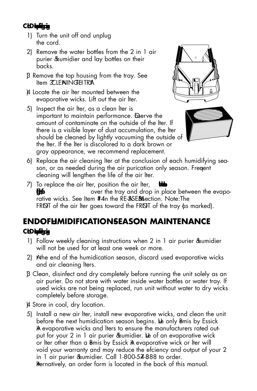 Essick Air DP3 200, DP3 600 manual END-OF-HUMIDIFICATION-SEASON Maintenance 