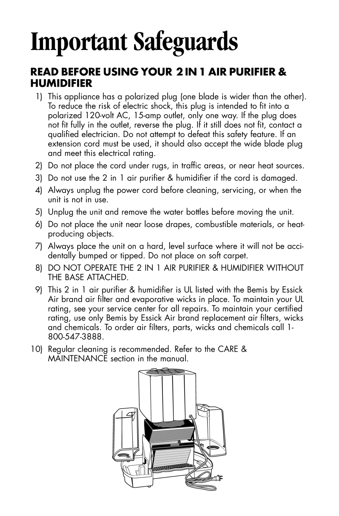 Essick Air DP3 600, DP3 200 manual Important Safeguards, Read Before Using Your 2IN1 AIR Purifier & Humidifier 