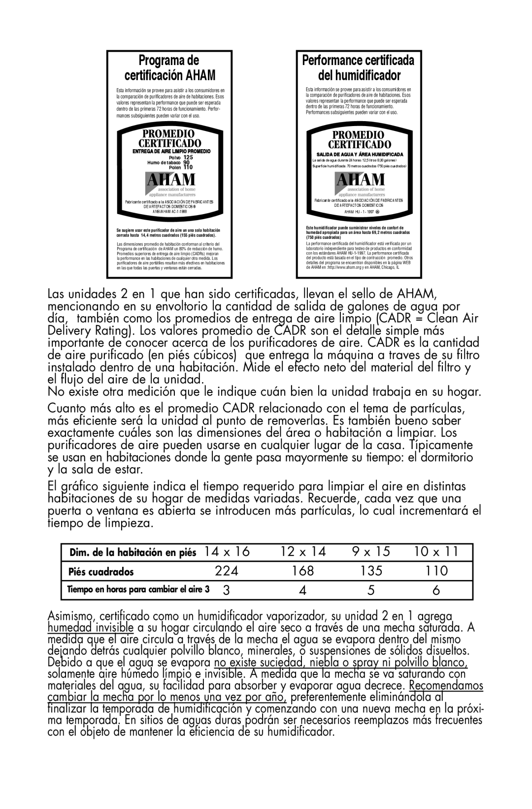 Essick Air DP3 600, DP3 200 manual Performance certificada Del humidificador 