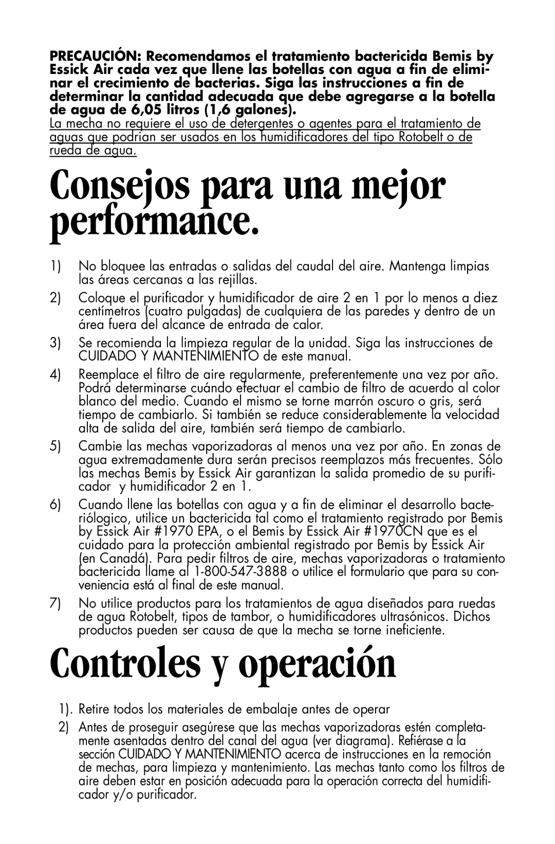 Essick Air DP3 200, DP3 600 manual Consejos para una mejor performance, Controles y operación 