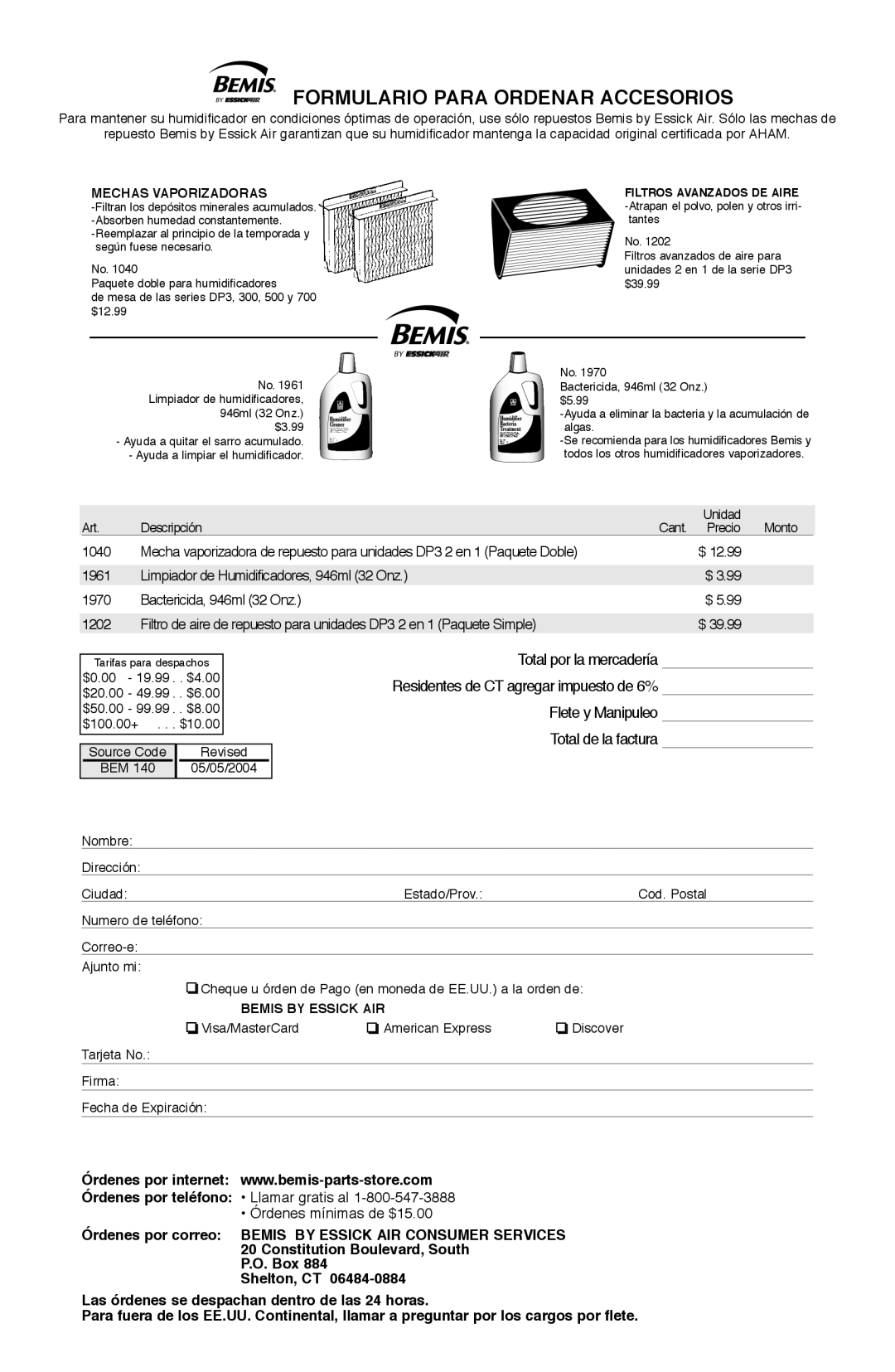 Essick Air DP3 600, DP3 200 manual Formulario Para Ordenar Accesorios 