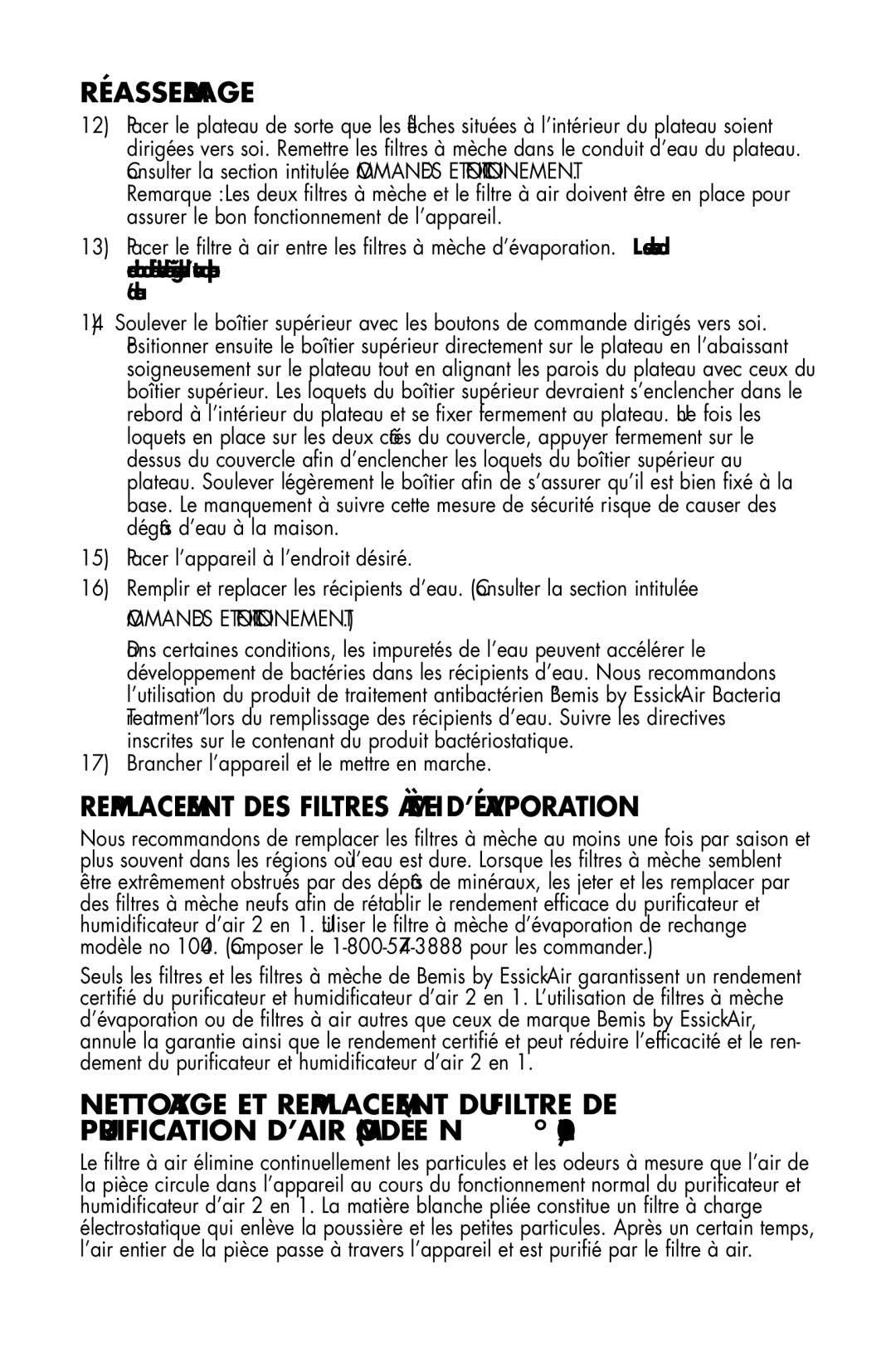 Essick Air DP3 600, DP3 200 manual Réassemblage, Remplacement DES Filtres À Mèche D’ÉVAPORATION 