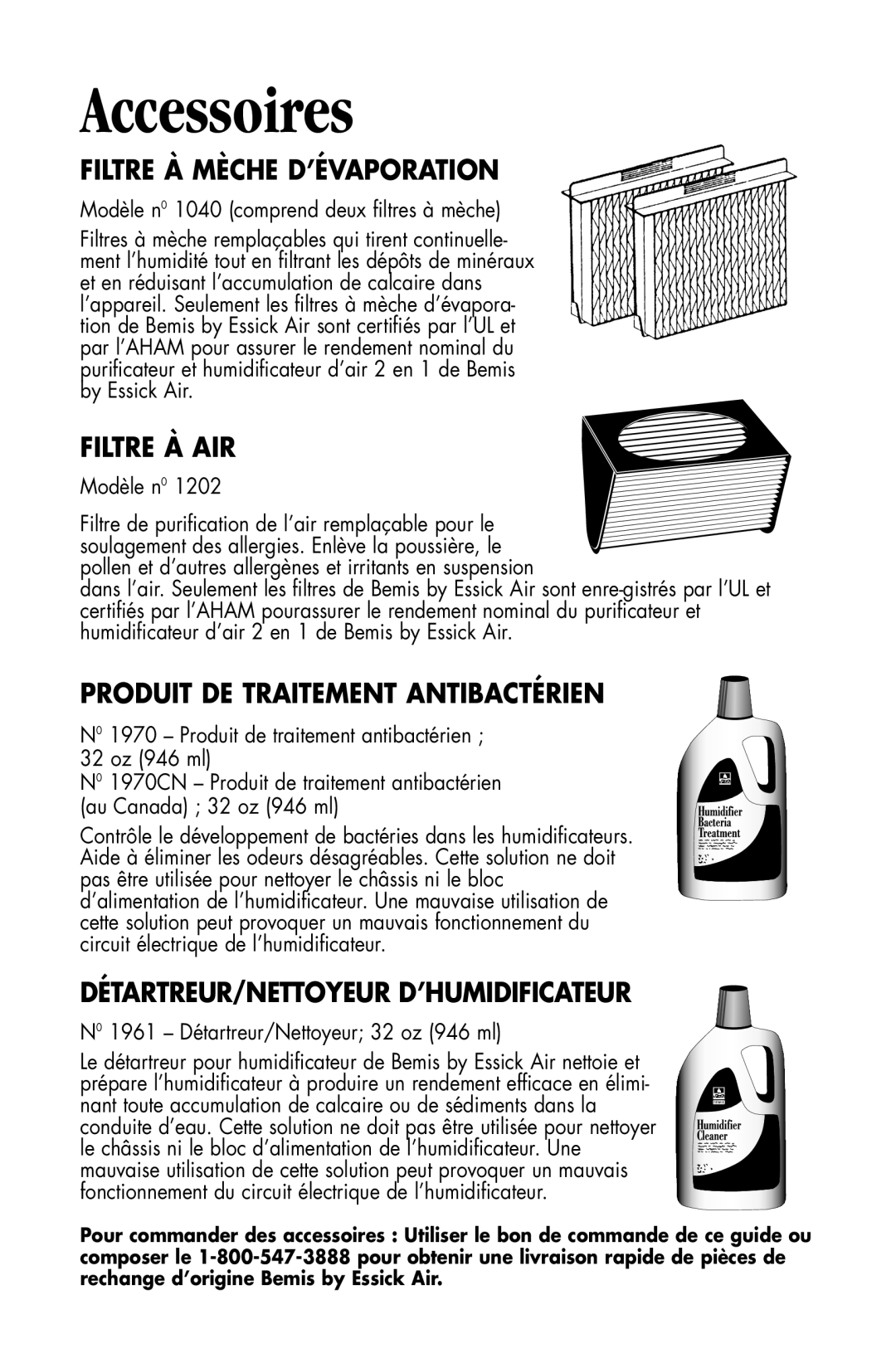 Essick Air DP3 600, DP3 200 manual Filtre À Mèche D’ÉVAPORATION, Filtre À AIR, Produit DE Traitement Antibactérien 