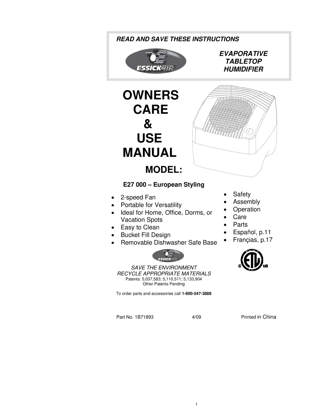 Essick Air manual Owners Care USE Manual, E27 000 European Styling 