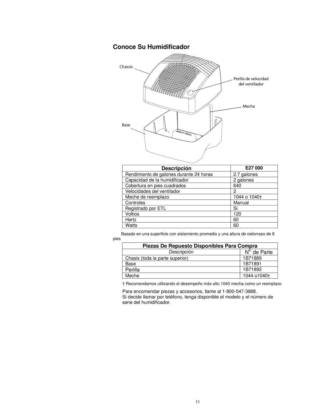 Essick Air E27 000 manual Conoce Su Humidificador, Descripción, Piezas De Repuesto Disponibles Para Compra 