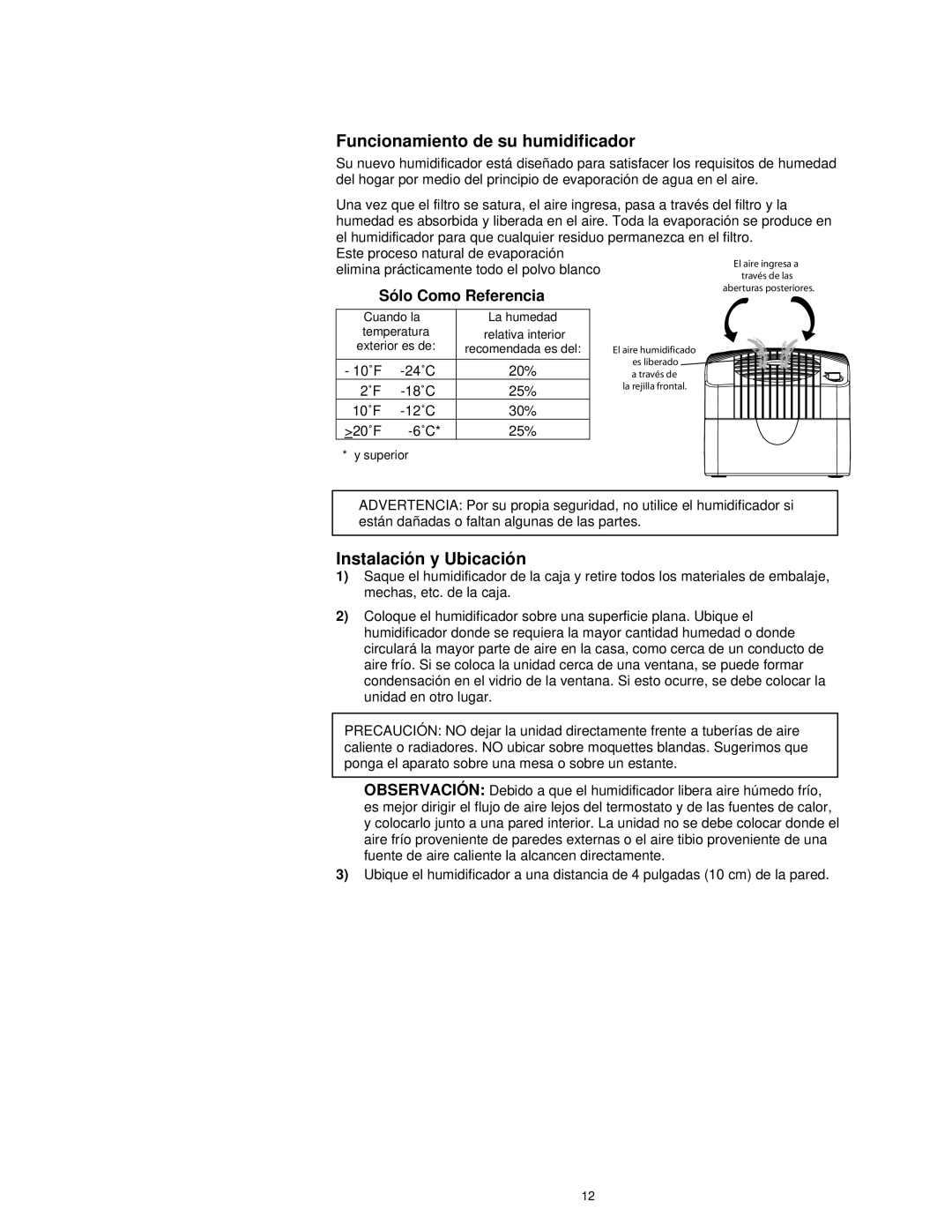 Essick Air E27 000 manual Funcionamiento de su humidificador, Instalación y Ubicación, Sólo Como Referencia 