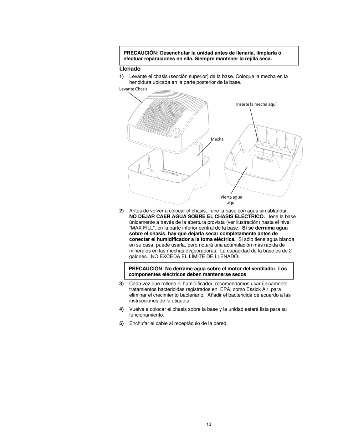 Essick Air E27 000 manual Llenado 