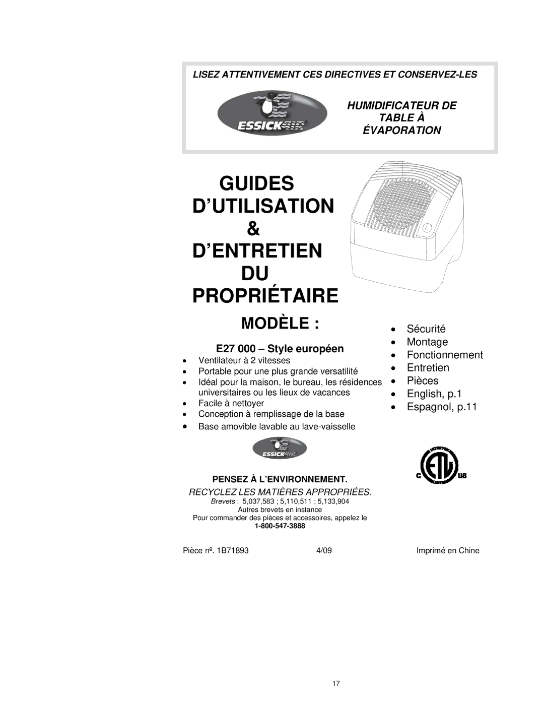 Essick Air manual Guides ’UTILISATION ’ENTRETIEN Propriétaire, E27 000 Style européen 