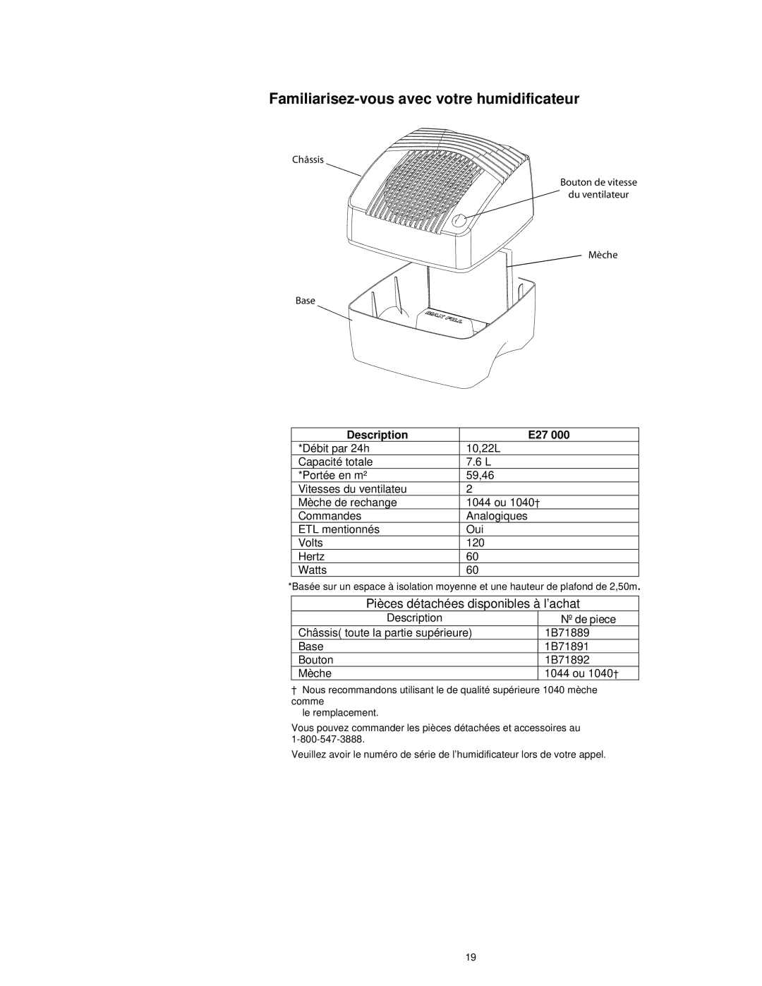 Essick Air E27 000 manual Familiarisez-vous avec votre humidificateur, Nº de piece 