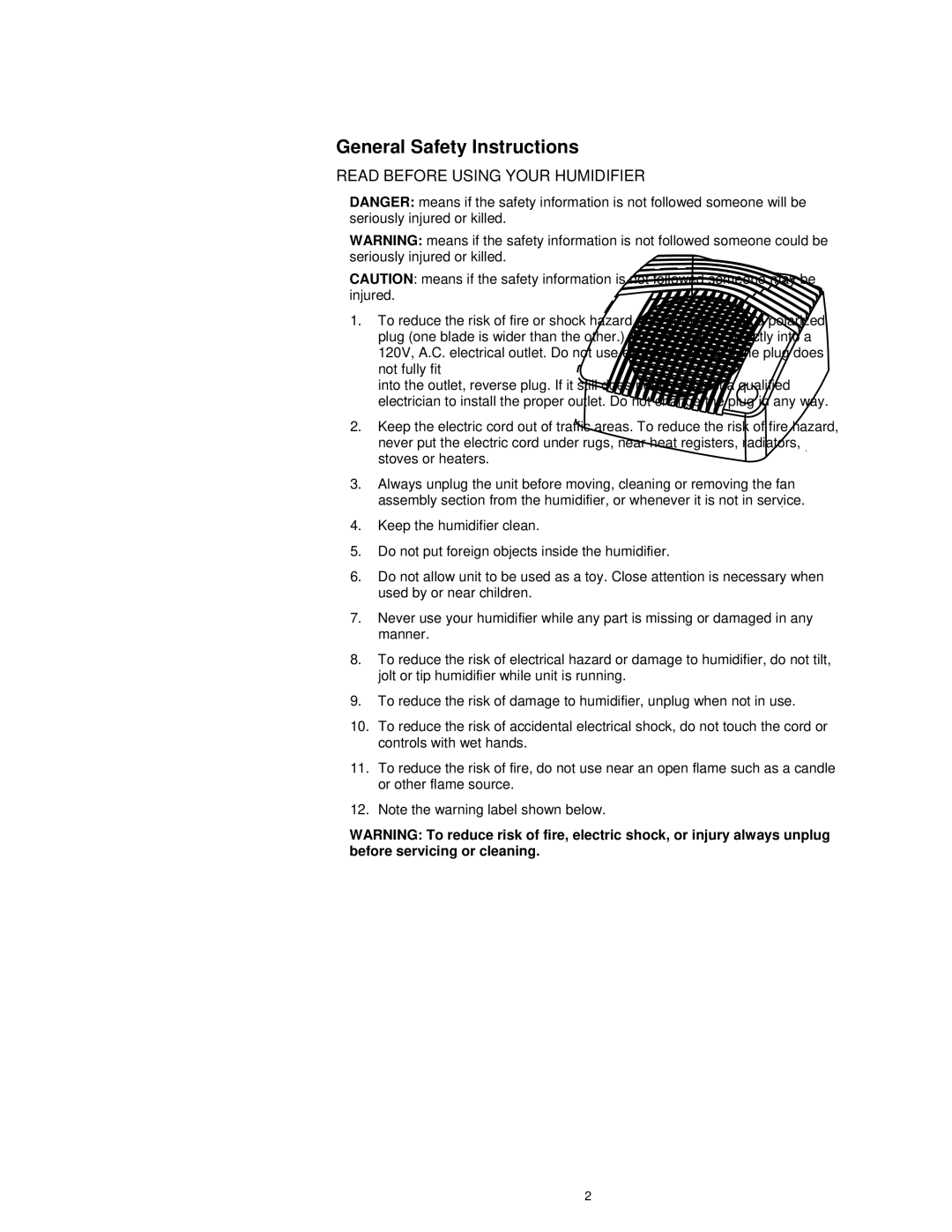 Essick Air E27 000 manual General Safety Instructions, Read Before Using Your Humidifier 