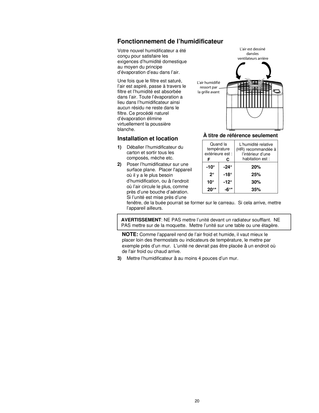 Essick Air E27 000 manual Fonctionnement de l’humidificateur, Installation et location 