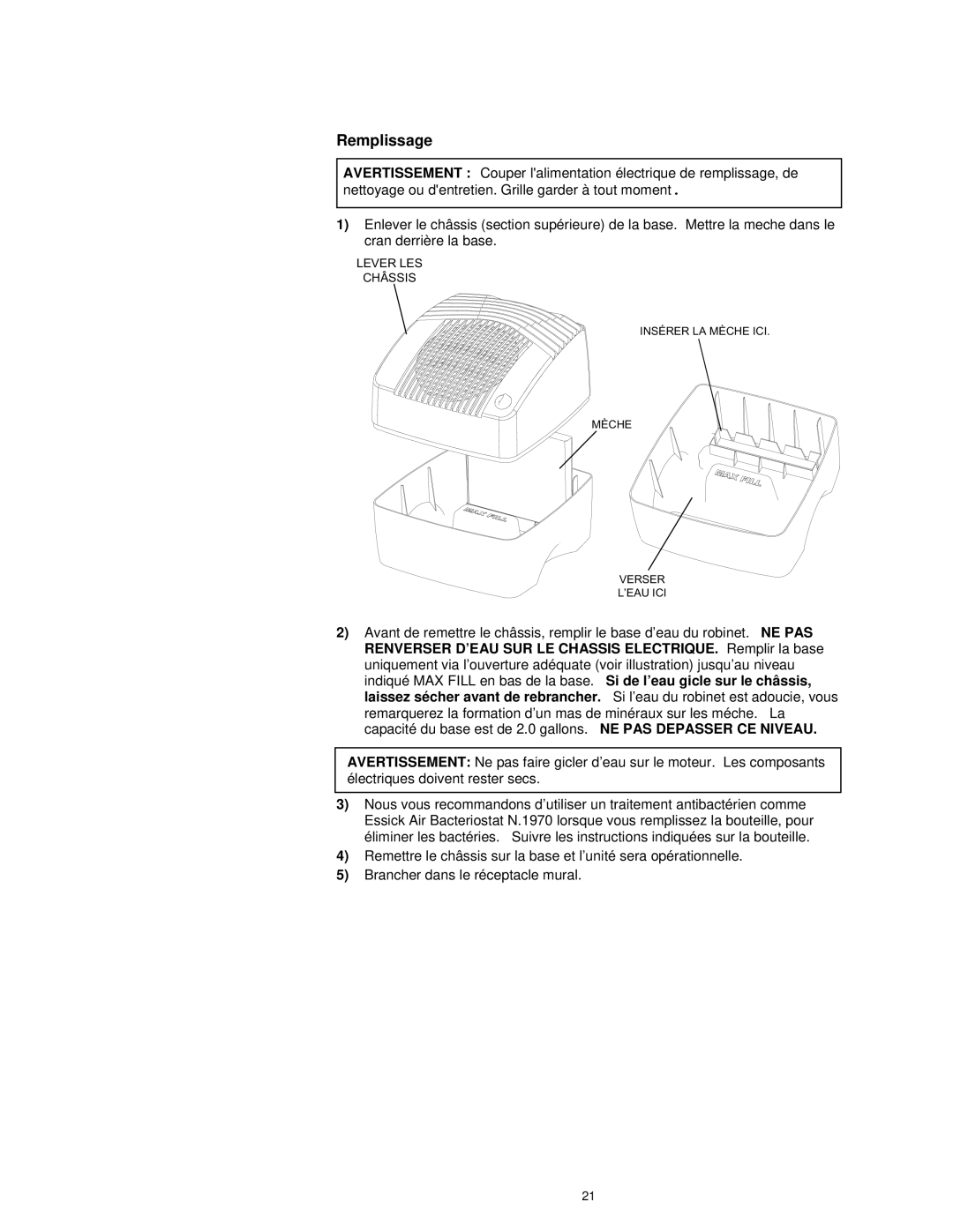 Essick Air E27 000 manual Remplissage 