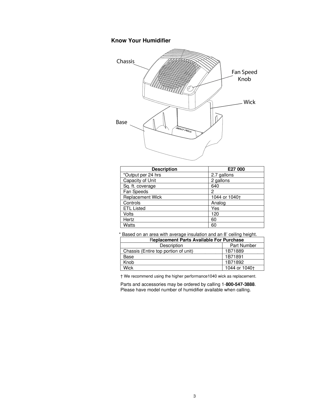 Essick Air E27 000 manual Know Your Humidifier, Description E27 