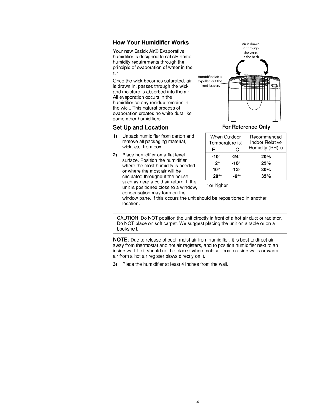 Essick Air E27 000 manual How Your Humidifier Works, Set Up and Location, For Reference Only 