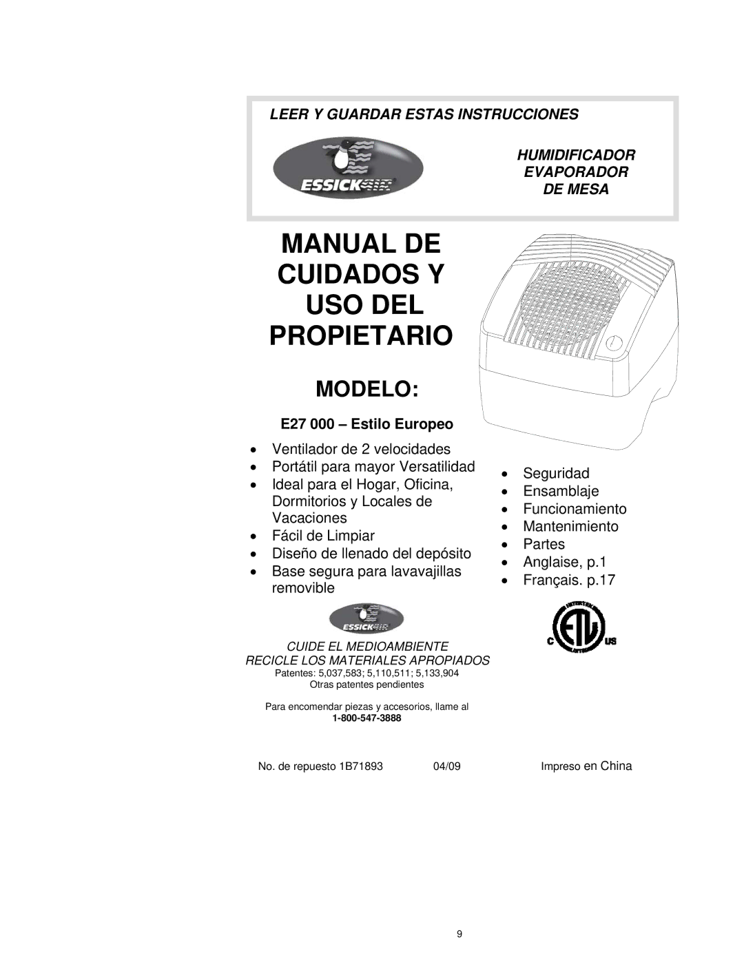 Essick Air manual Manual DE Cuidados Y USO DEL Propietario, E27 000 Estilo Europeo 