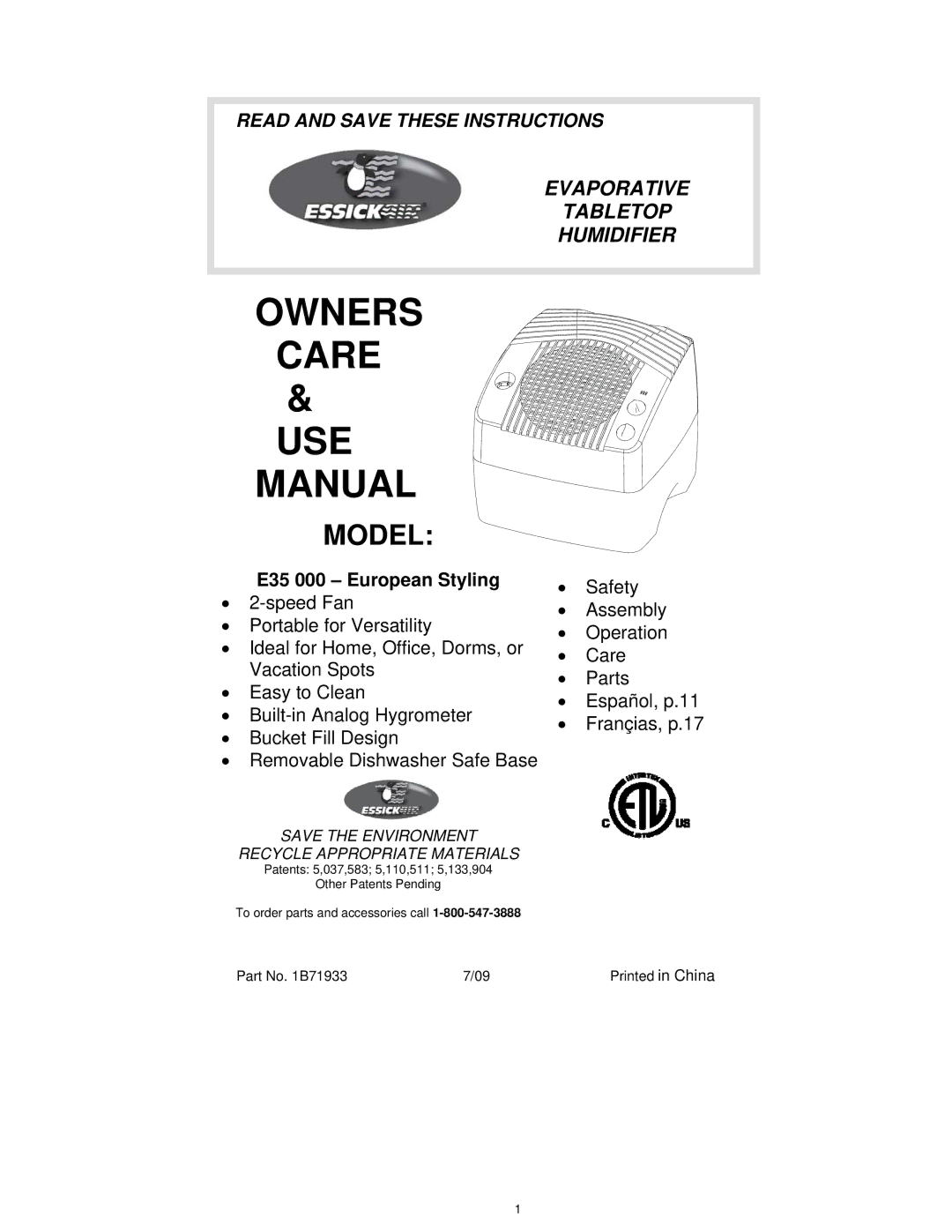 Essick Air manual Owners Care USE Manual, E35 000 European Styling 