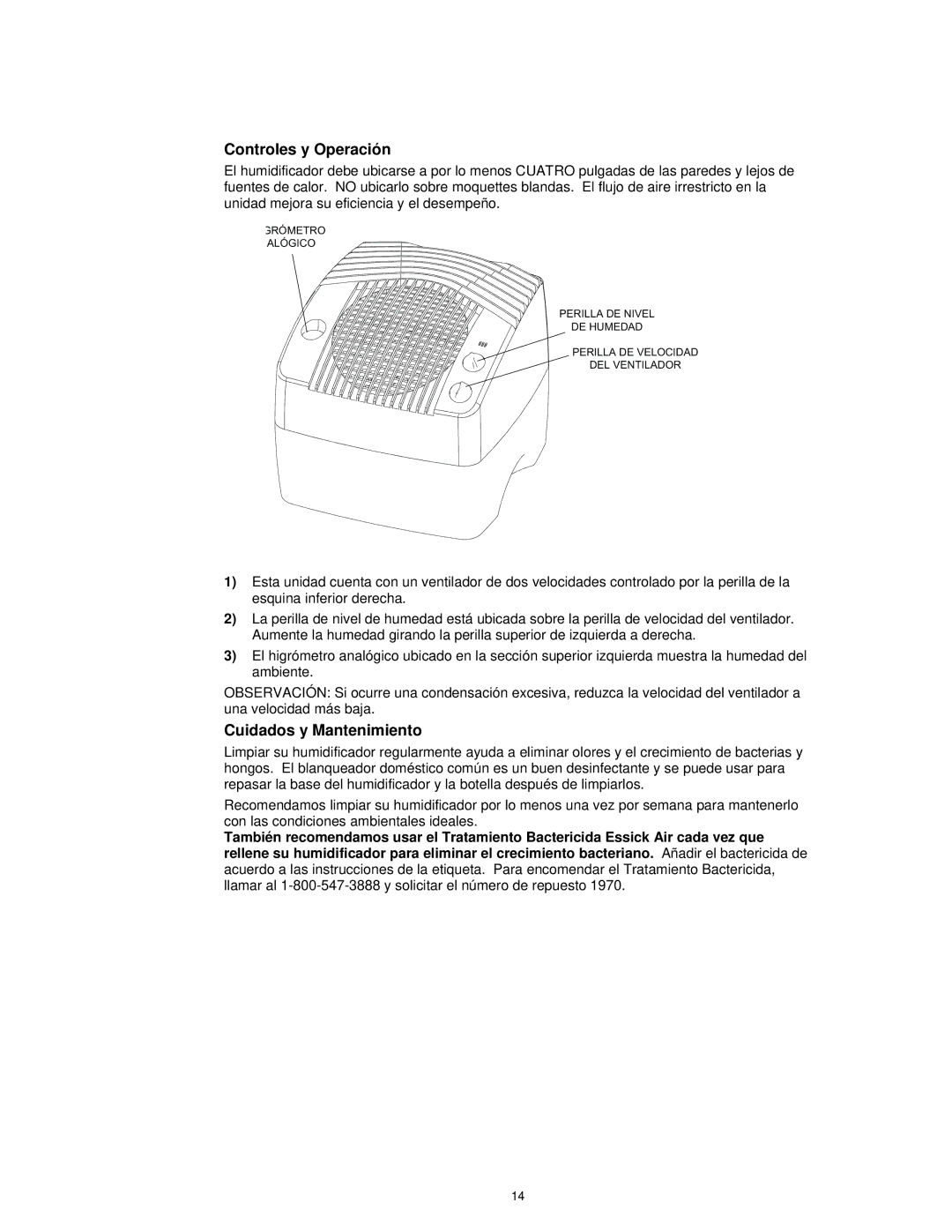 Essick Air E35 000 manual Controles y Operación, Cuidados y Mantenimiento 