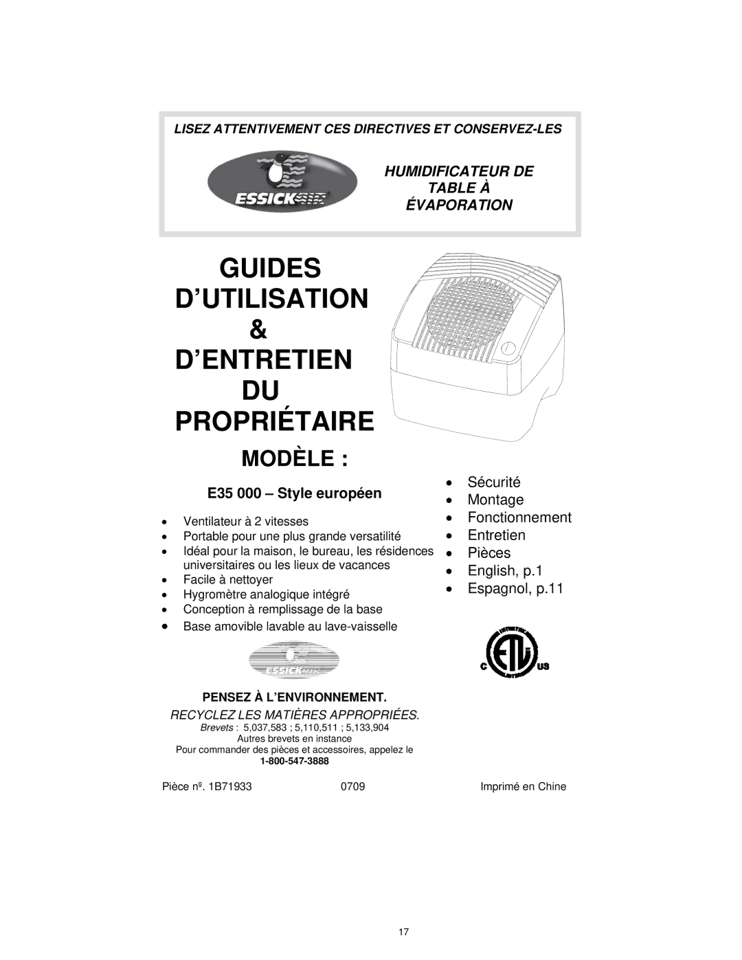 Essick Air manual Guides ’UTILISATION ’ENTRETIEN Propriétaire, E35 000 Style européen 