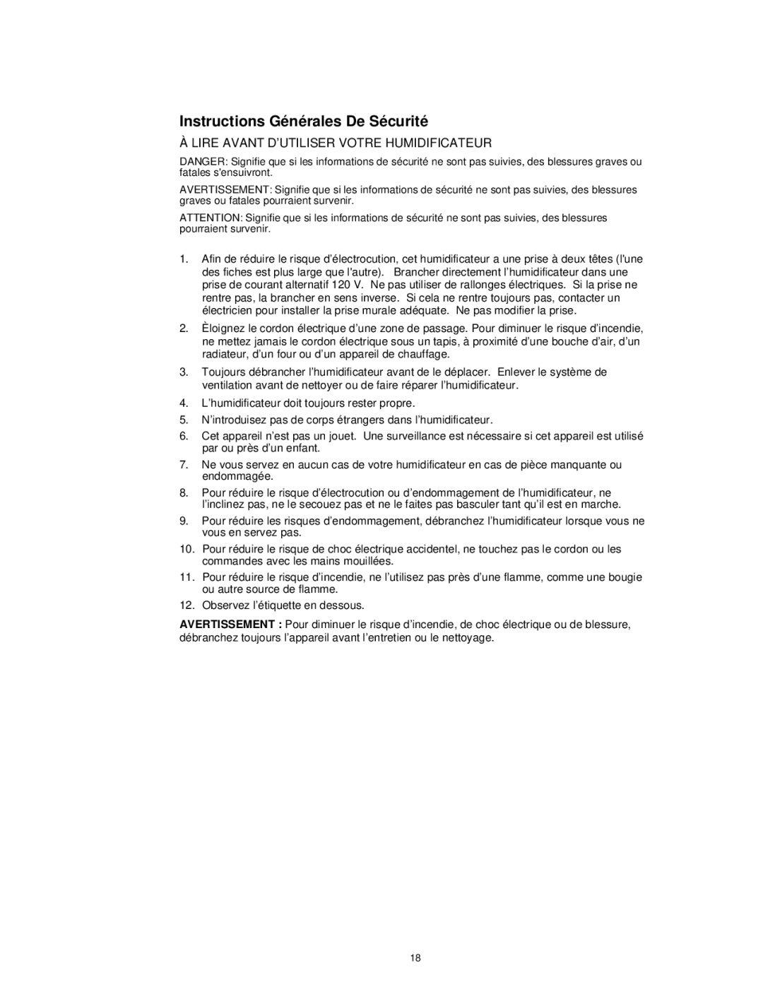 Essick Air E35 000 manual Instructions Générales De Sécurité, Lire Avant D’UTILISER Votre Humidificateur 