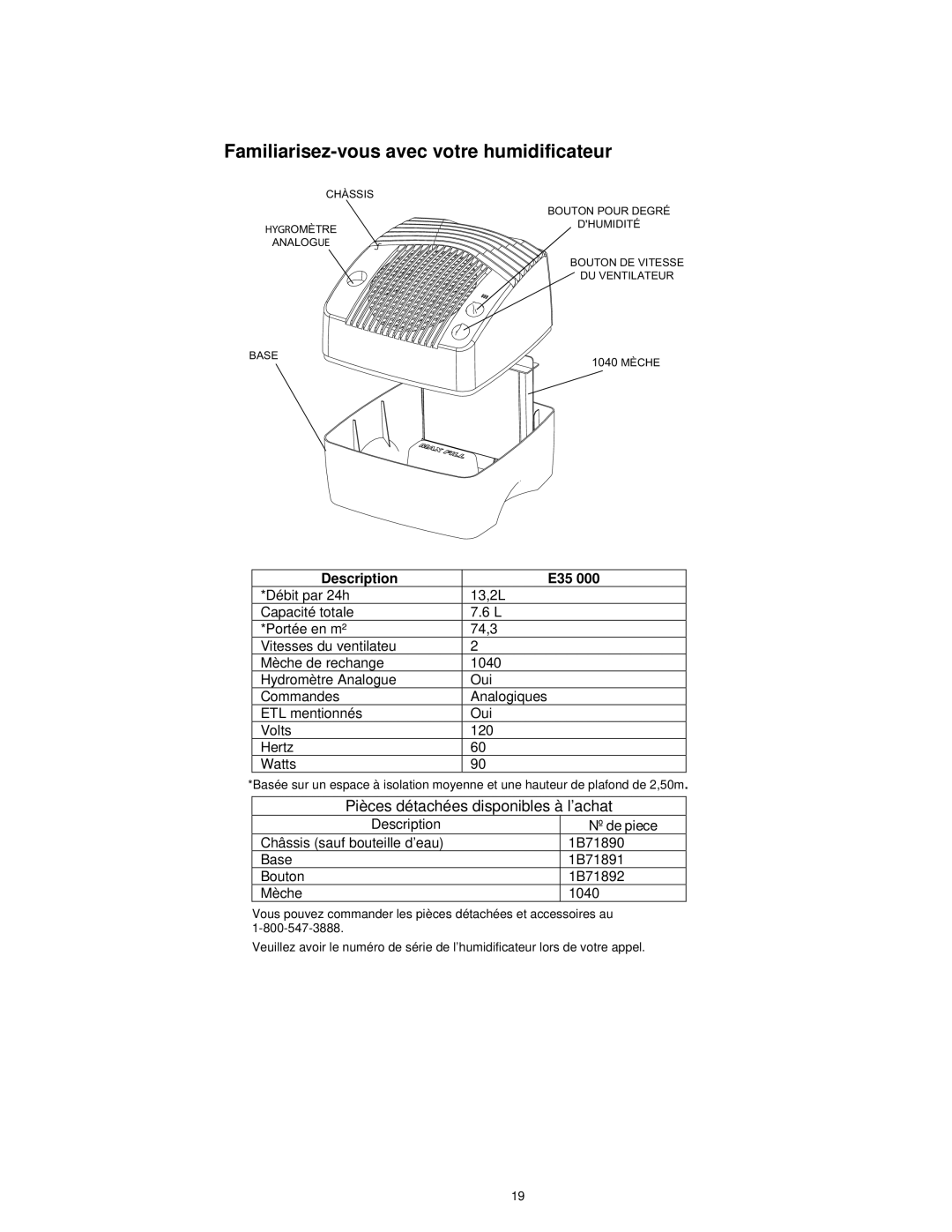 Essick Air E35 000 manual Familiarisez-vous avec votre humidificateur, Nº de piece 