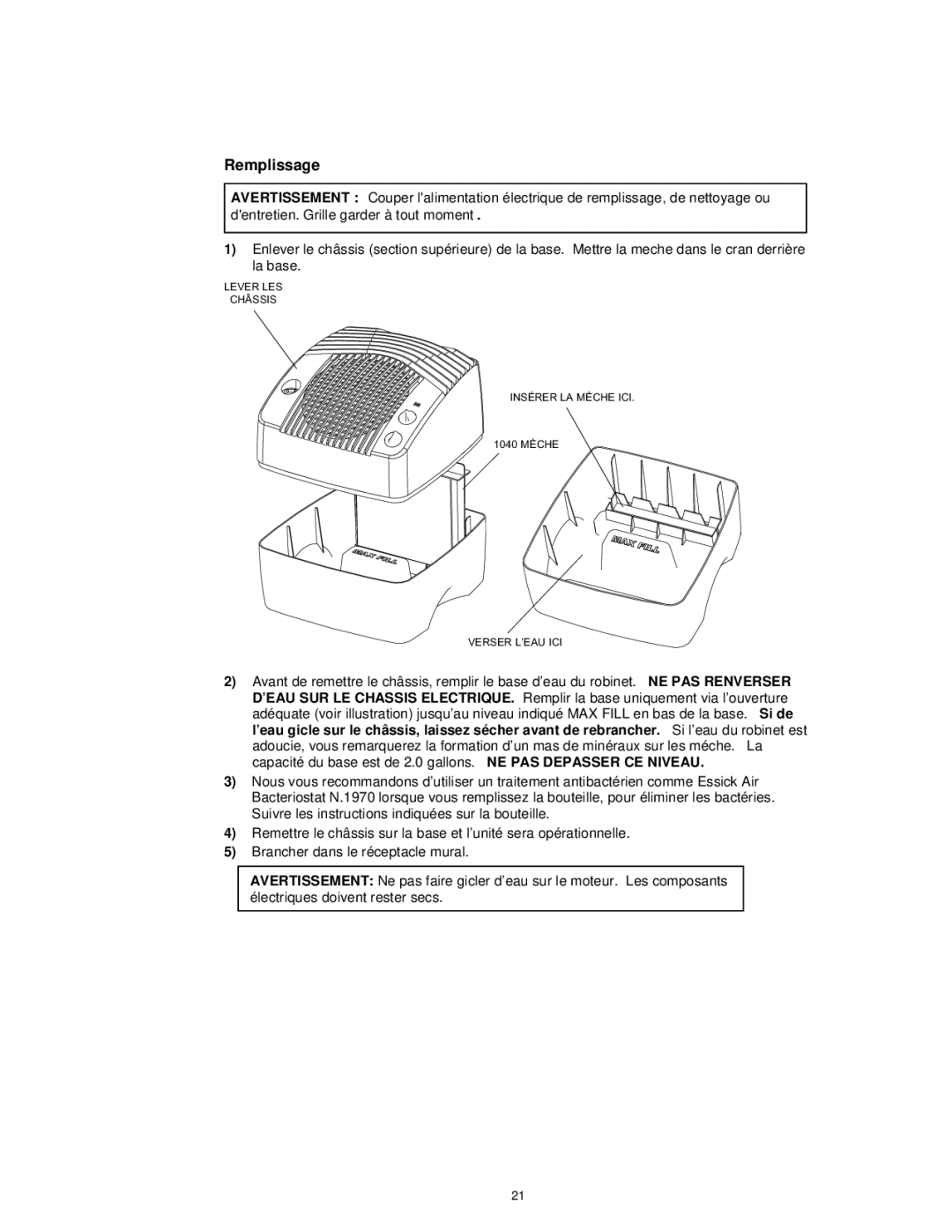 Essick Air E35 000 manual Remplissage 