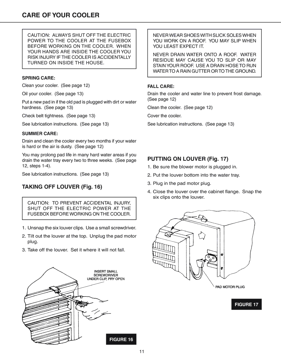 Essick Air ECR 6600, ECR 4500, ECR 7200, ECR 5200, ECR 3301 Care of Your Cooler, Taking OFF Louver Fig, Putting on Louver Fig 