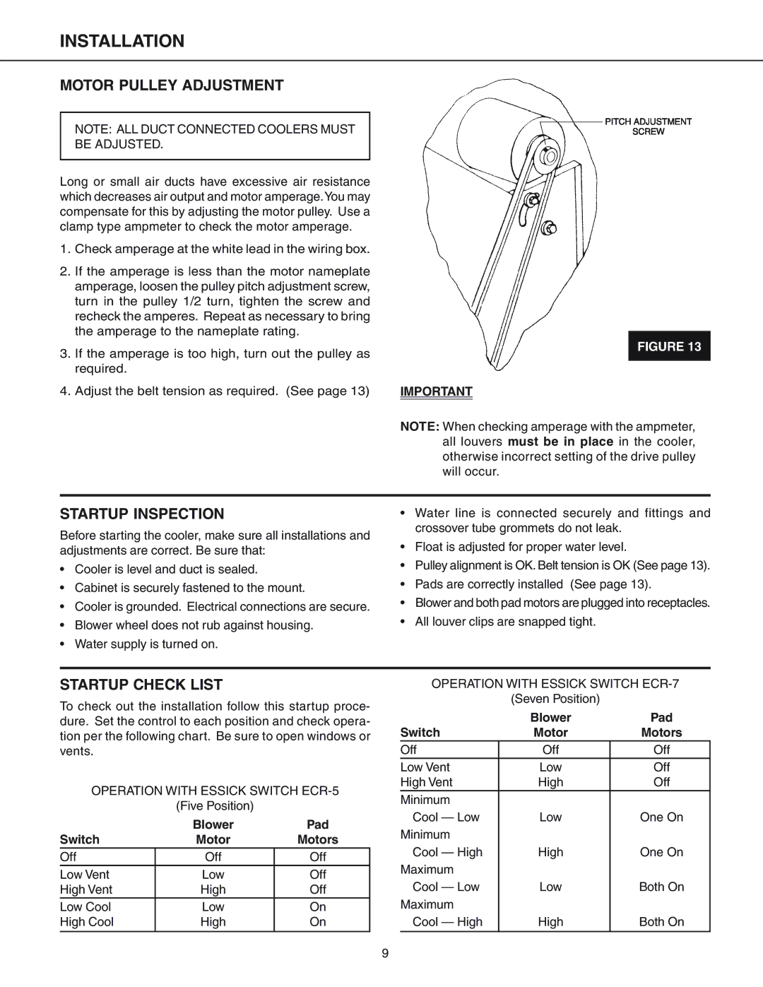 Essick Air ECR 3301, ECR 4500, ECR 7200, ECR 5200, ECR 4000 Motor Pulley Adjustment, Startup Inspection, Startup Check List 