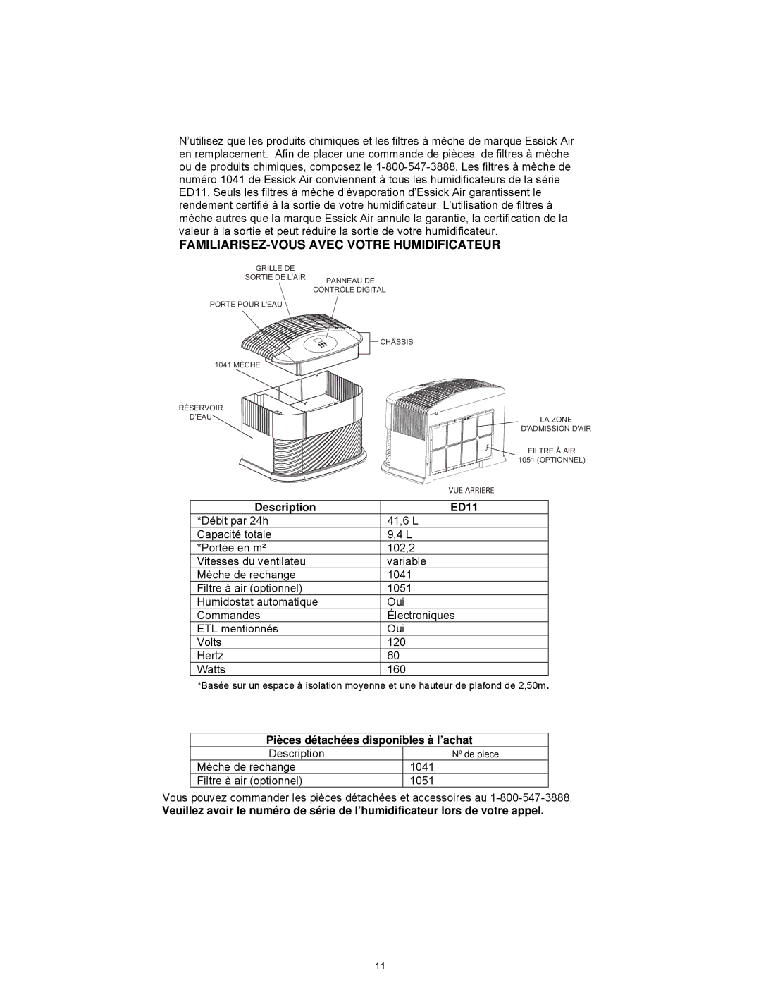 Essick Air ED11 910, ED11 800 manual FAMILIARISEZ-VOUS Avec Votre Humidificateur, Description ED11 