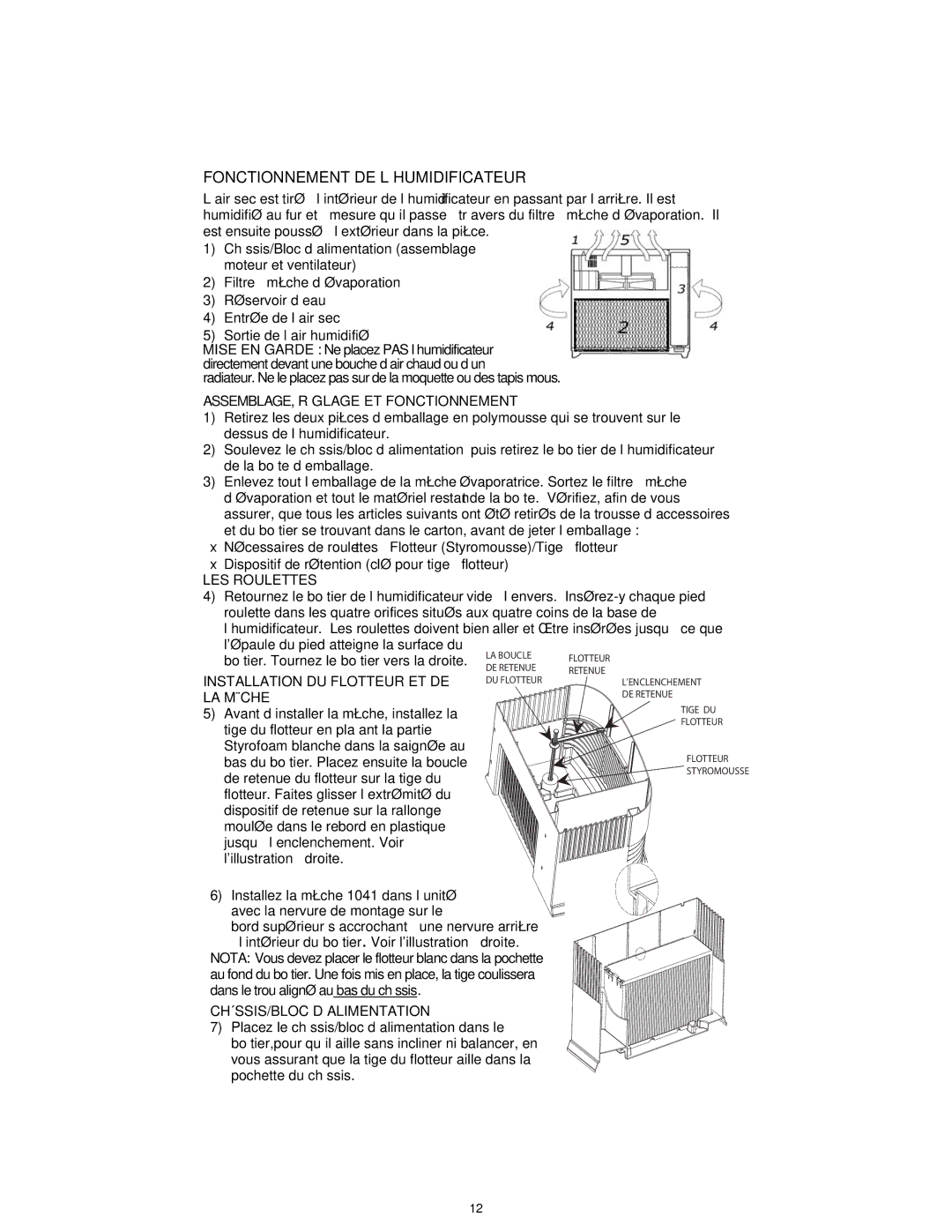 Essick Air ED11 800, ED11 910 Fonctionnement DE L’HUMIDIFICATEUR, ASSEMBLAGE, Réglage ET Fonctionnement, LES Roulettes 