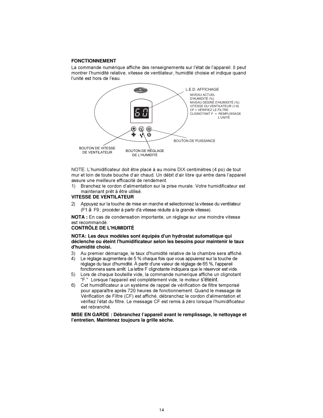 Essick Air ED11 800, ED11 910 manual Fonctionnement, Vitesse DE Ventilateur, Contrôle DE Lhumidité 