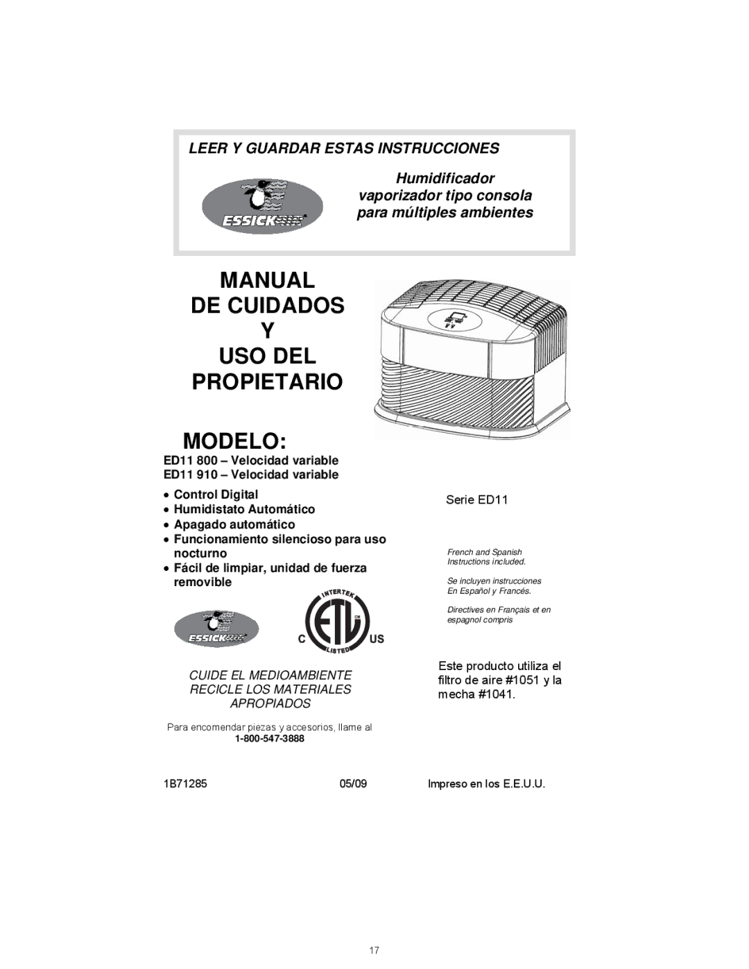 Essick Air ED11 910, ED11 800 manual Manual DE Cuidados USO DEL Propietario Modelo 