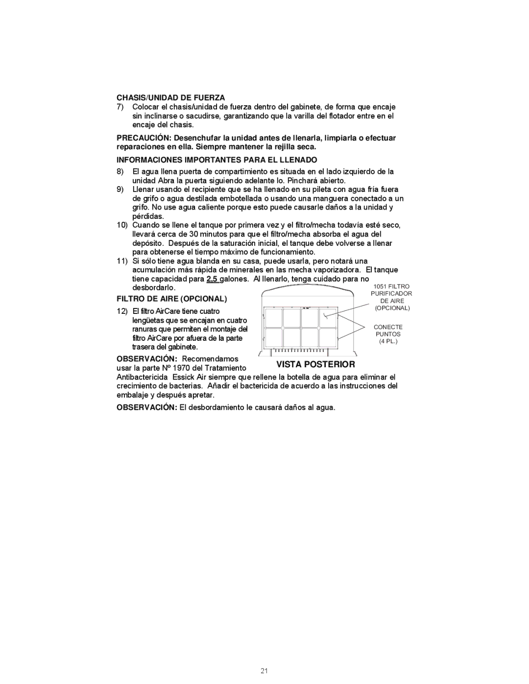 Essick Air ED11 910, ED11 800 CHASIS/UNIDAD DE Fuerza, Informaciones Importantes Para EL Llenado, Filtro DE Aire Opcional 