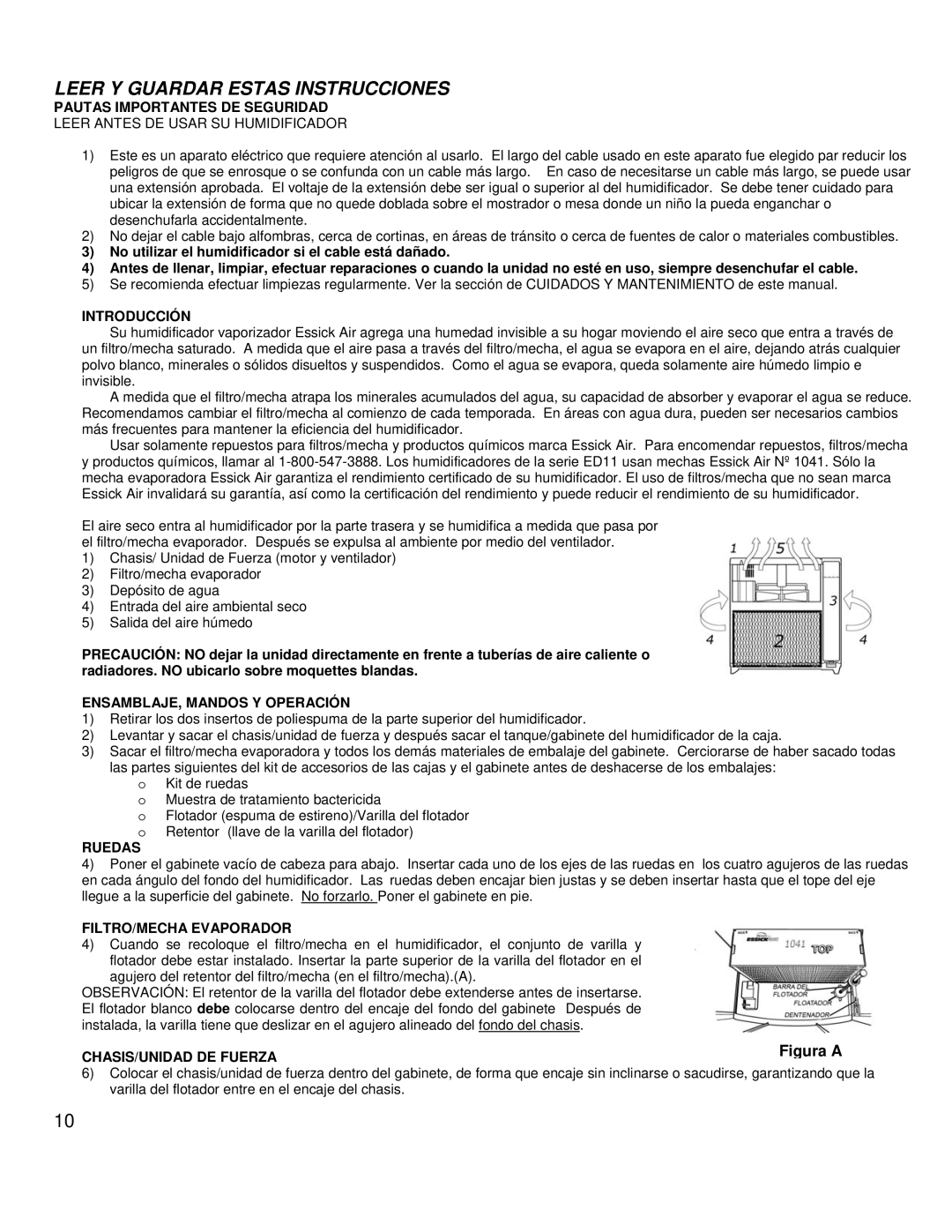 Essick Air ED11910 manual Pautas Importantes DE Seguridad, Introducción, ENSAMBLAJE, Mandos Y Operación, Ruedas 