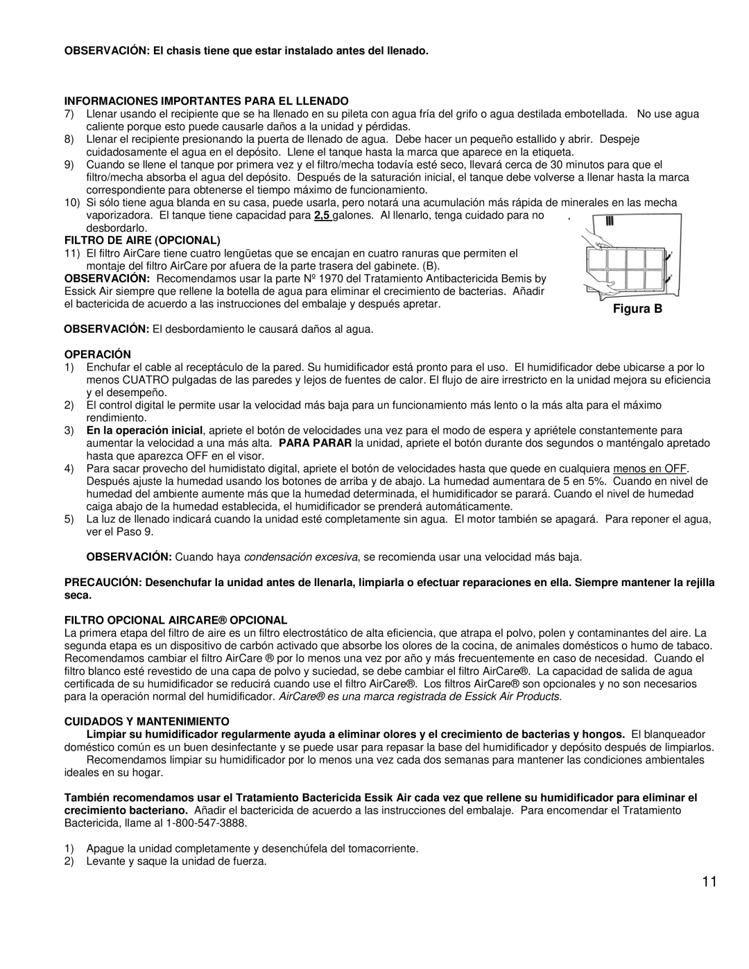 Essick Air ED11910 Informaciones Importantes Para EL Llenado, Filtro DE Aire Opcional, Operación, Cuidados Y Mantenimiento 