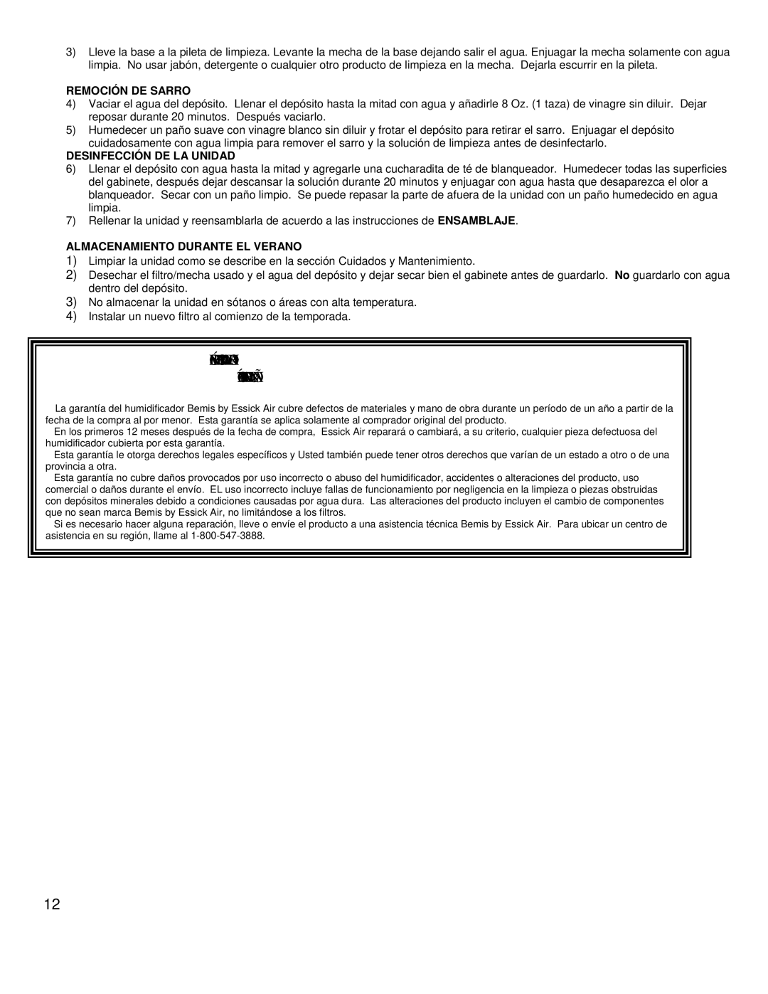 Essick Air ED11910 manual Remoción DE Sarro, Desinfección DE LA Unidad, Almacenamiento Durante EL Verano 