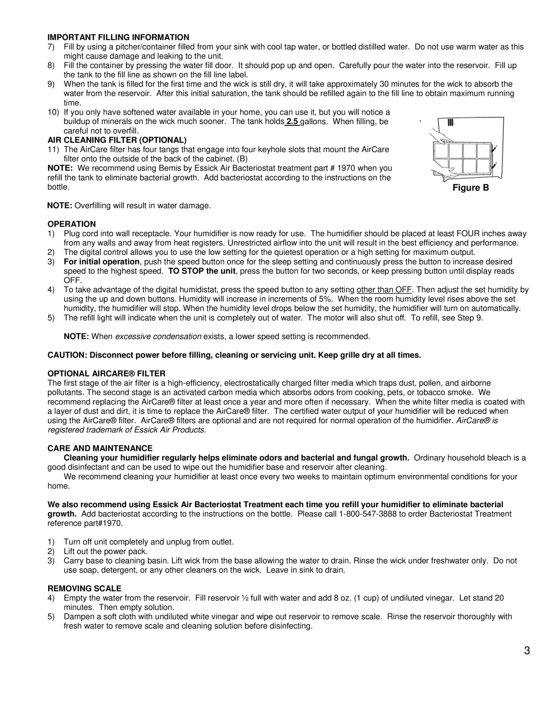 Essick Air ED11910 manual Important Filling Information, AIR Cleaning Filter Optional, Operation, Optional Aircare Filter 