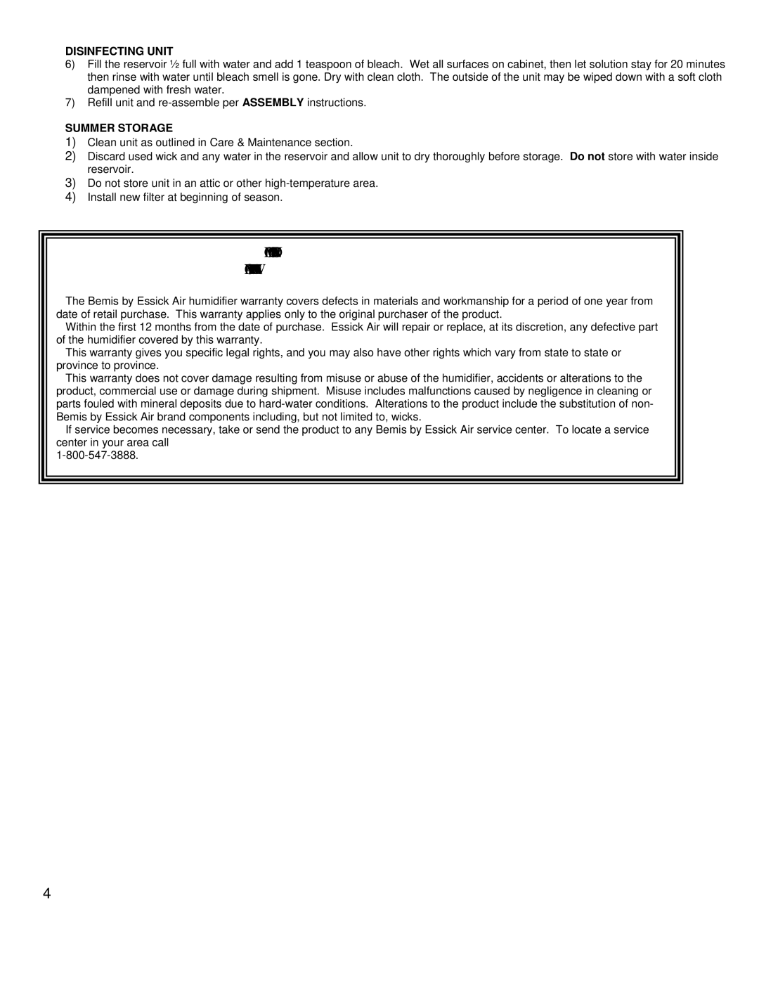 Essick Air ED11910 manual Disinfecting Unit, Summer Storage 