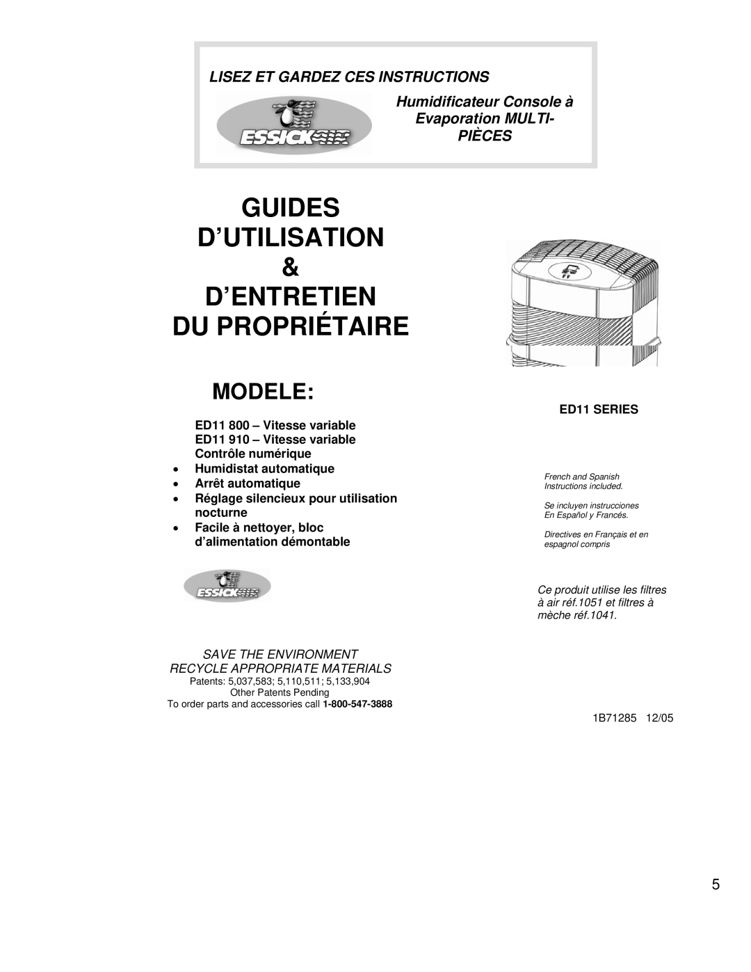 Essick Air ED11910 manual Guides ’UTILISATION ’ENTRETIEN DU Propriétaire, Modele 