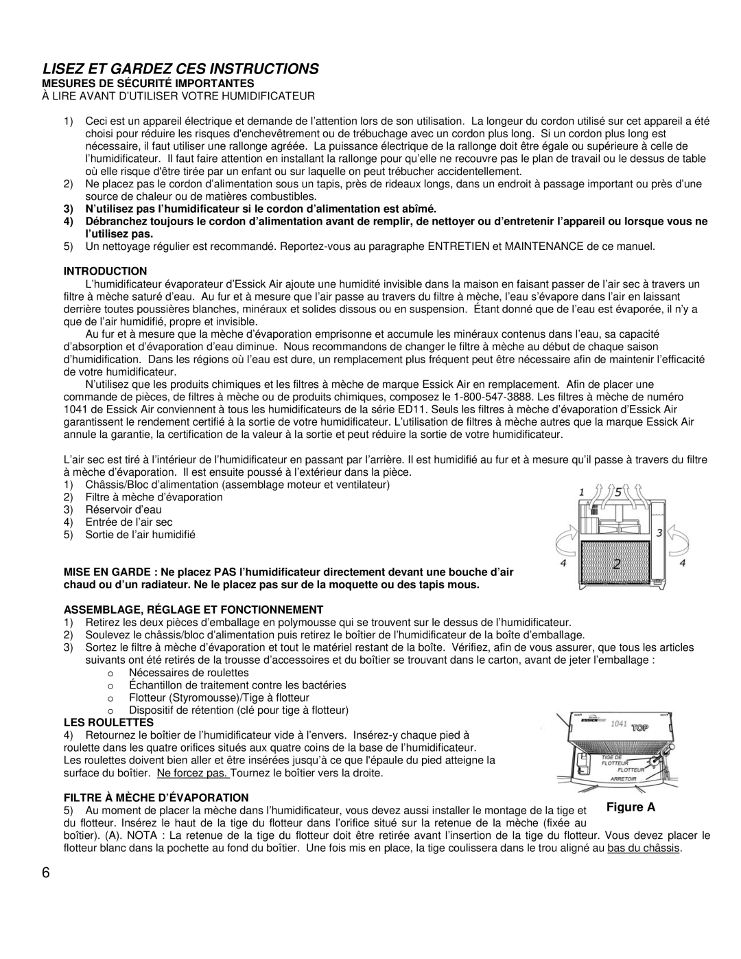 Essick Air ED11910 manual Mesures DE Sécurité Importantes, Lire Avant D’UTILISER Votre Humidificateur, LES Roulettes 