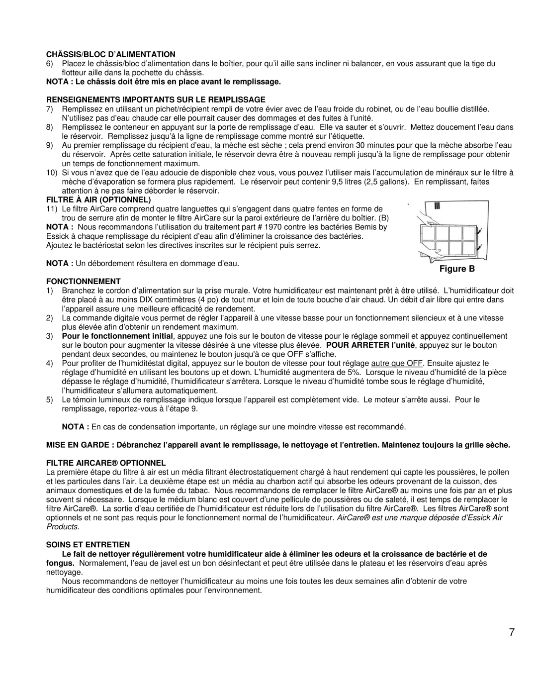 Essick Air ED11910 manual Châssis/Bloc D’Alimentation, Renseignements Importants SUR LE Remplissage, Filtre À AIR Optionnel 