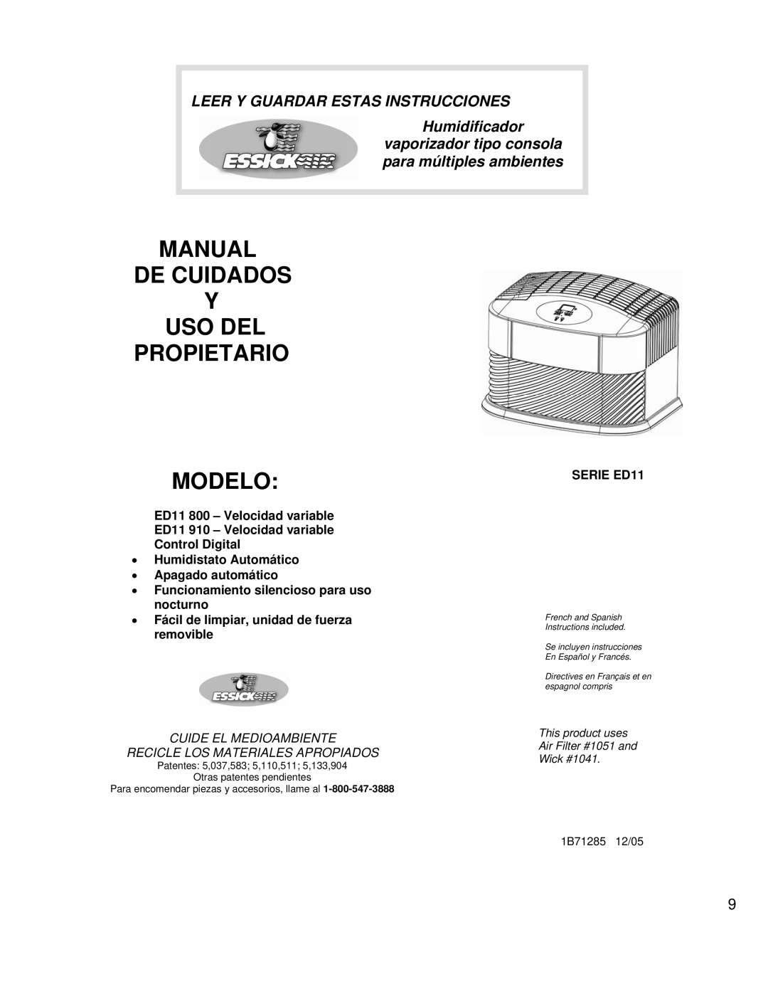 Essick Air ED11910 manual Manual DE Cuidados USO DEL Propietario Modelo, Serie ED11 