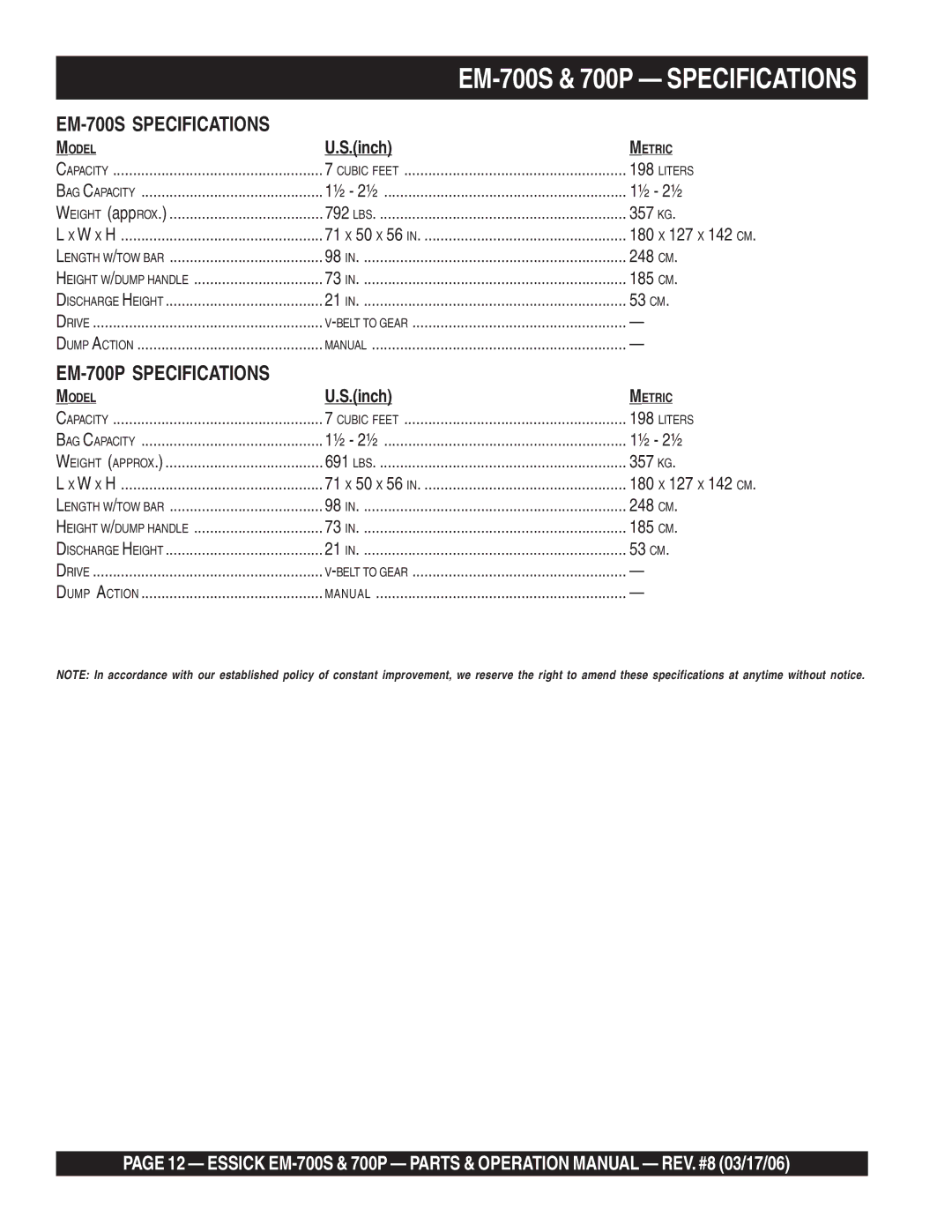 Essick Air EM-700P operation manual EM-700S & 700P Specifications 