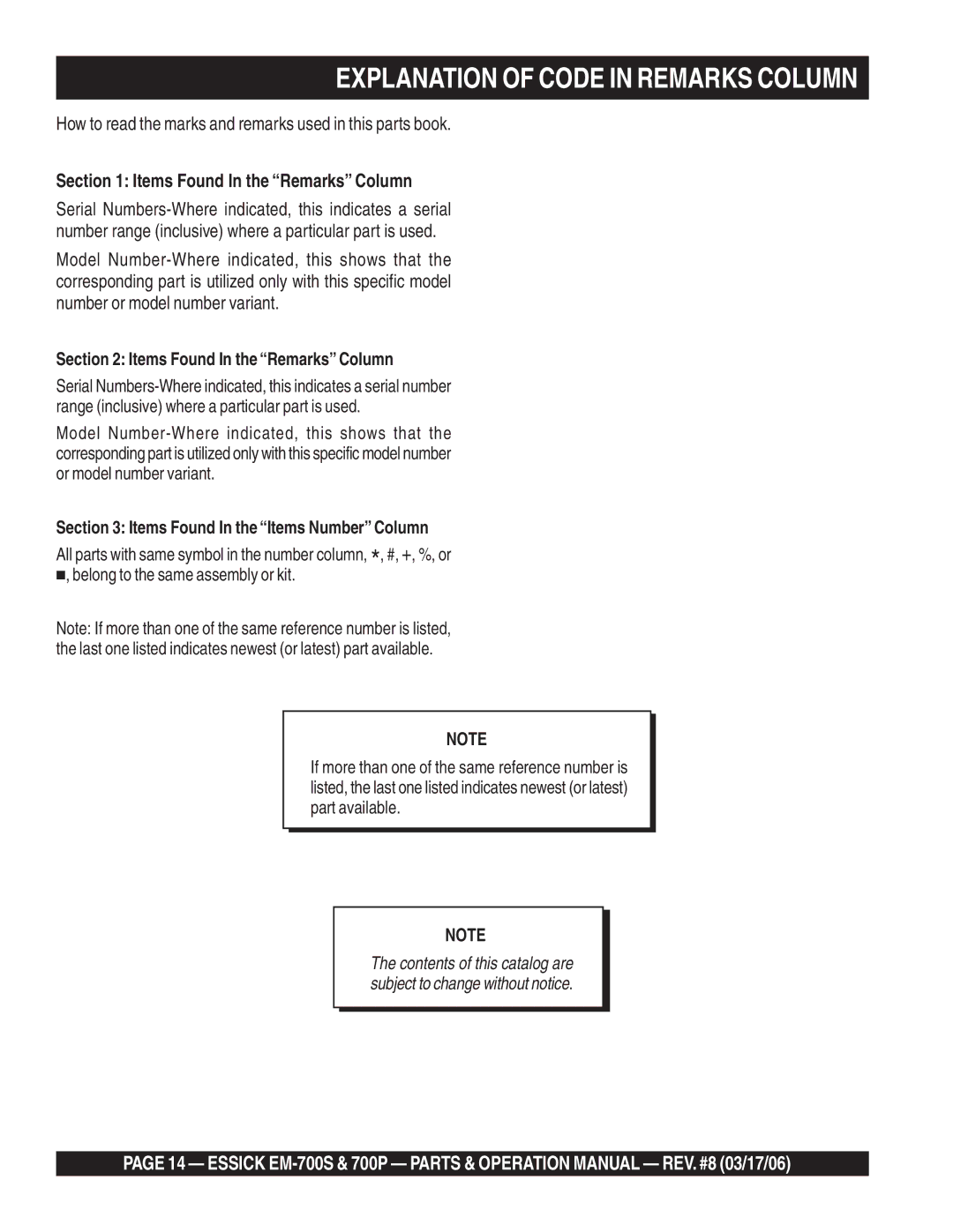 Essick Air EM-700P, EM-700S operation manual Explanation of Code in Remarks Column, Items Found In the Remarks Column 