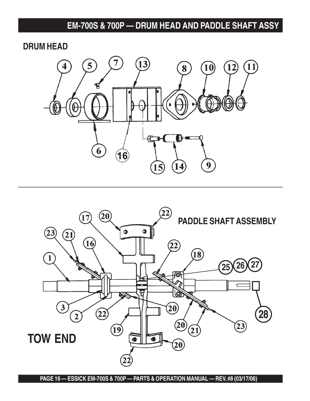 Essick Air EM-700P operation manual Tow End, EM-700S & 700P Drum Head and Paddle Shaft Assy 